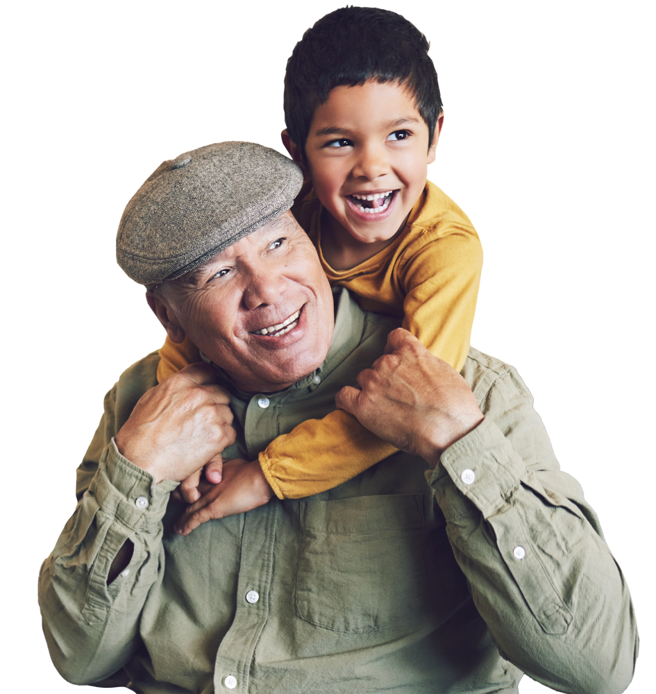 Grandfather and grandson hugging